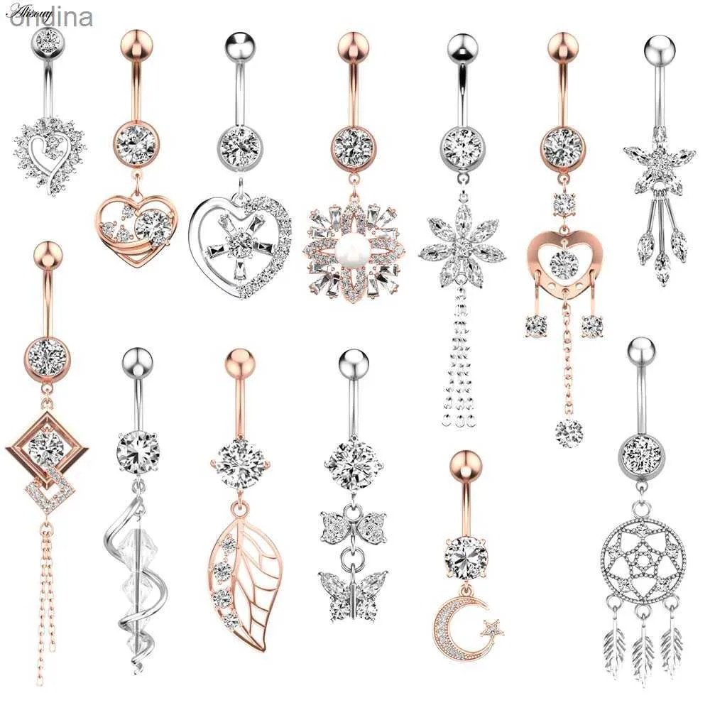 Nombril Bell Button Rings Alisouy 1 pc acier chirurgical cristal Zircon fleur coeur feuille nœud papillon bouton pendant nombril Piercing anneau ventre anneau corps bijoux YQ240125