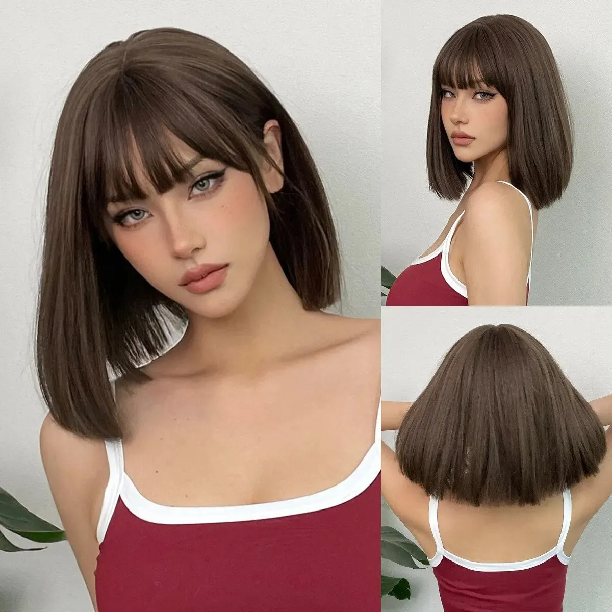 Women's short straight Bobo wig natural brown daily synthetic wig with bangs soft high-density party wig heat-resistant 230125