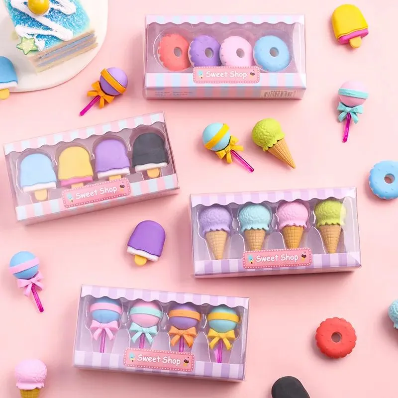 Eraser 12 Box/Lot Creative Ice Cream Lollipop Eraser Cute Writing Drawing Rubber Pencil Eraser Stationery for Kids Gifts School Supply