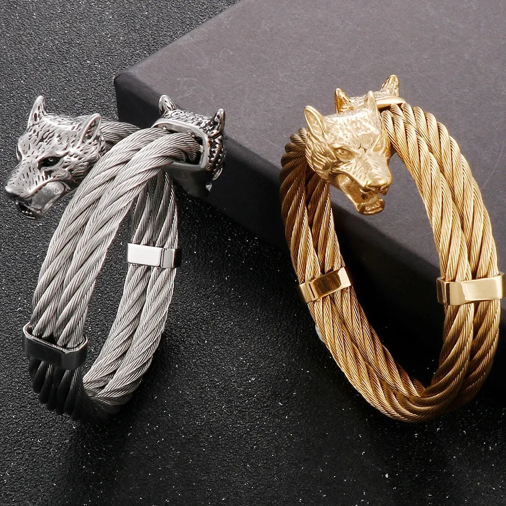 Viking Wolf Head Twisted Cable Open Cuff Bangle Armband för män 14K Gula guldmensarmband Punk Rock Smycken Tillbehör