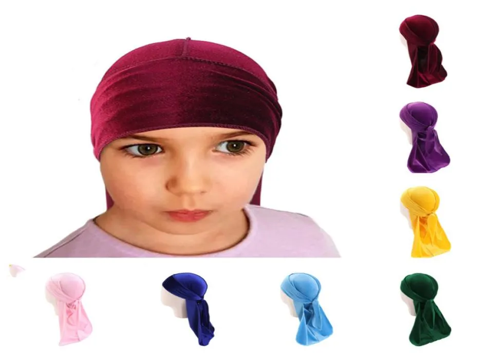 Velvet Durag för barn lång svanshuvud med barn Dorag Durags turban peruker pirat kepsar huvudduk hip hop hattar hår täcker accessori9046569