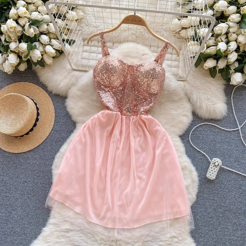 Casual Dresses Women Court Style Princess Foreign High-end Light Luxury Niche Sequin Halter Splicing Short Mesh Dress