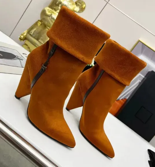 Designer Pointed Toe Ankle Boots Luxury Stacked Cone Heel Boot Suede Ankle boots Smooth Leather Women Ladies Fashion shoes Folded Shaft