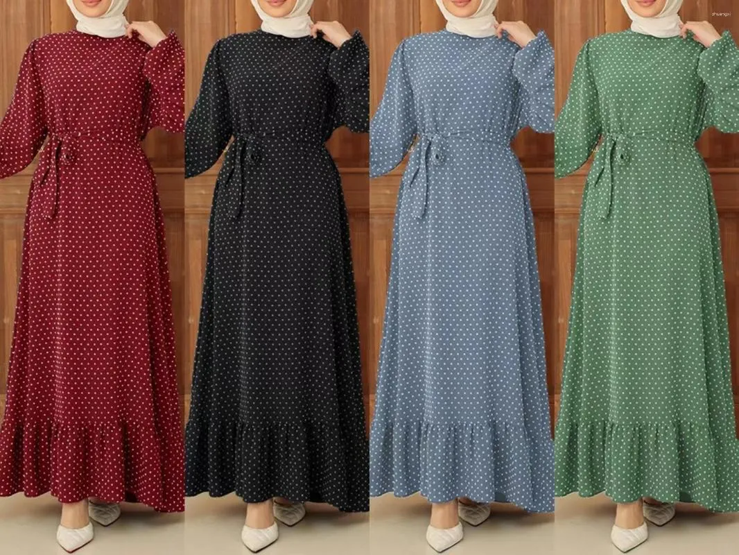 Etnik Giyim Müslüman Elbise Kadınlar Bahar Sonbahar O-Yık Abaya Hijab Sundress Yüksek Bel A-line Polka Dotlar Baskılı Marocain Kaftan Elegant