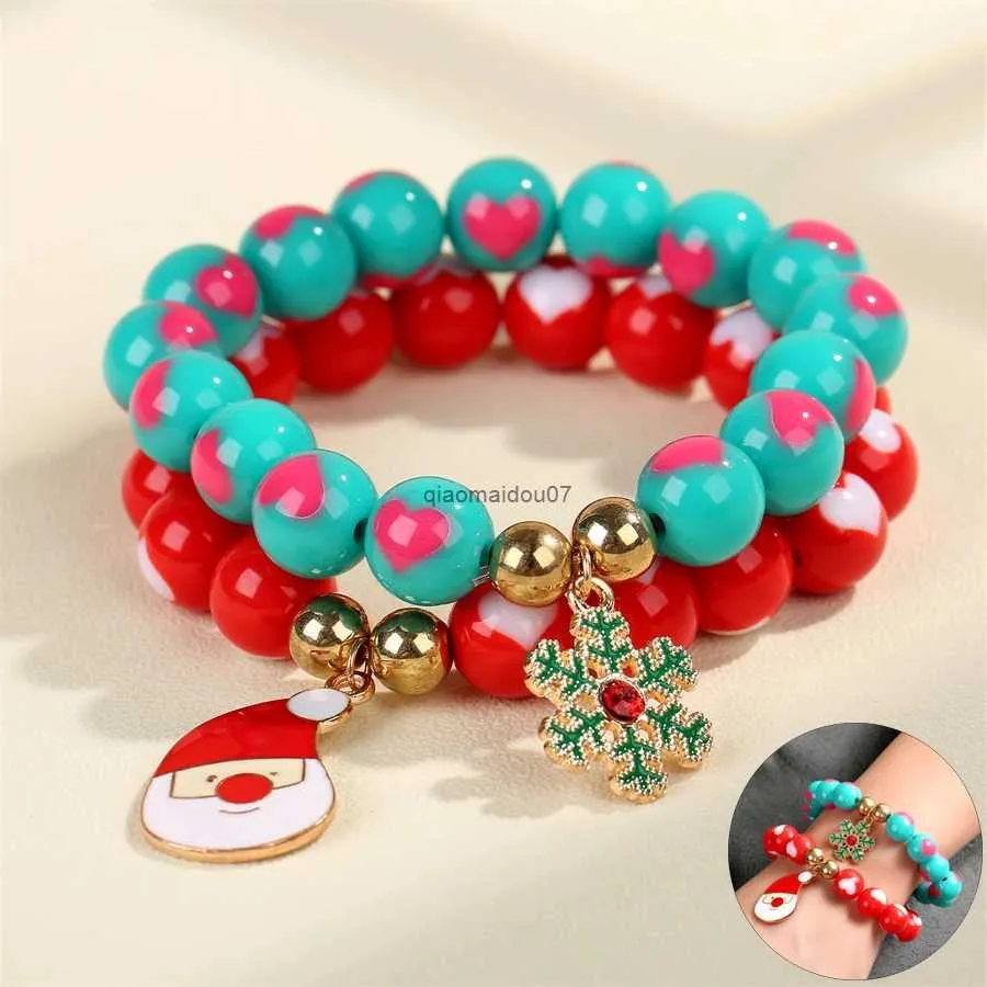 Catena 2 pz/set 12mm Acrilico Perline Cuore Bracciale Elasticizzato Moda Più Nuovo Natale Babbo Natale Ciondolo con Ciondolo Bracciale Donna Set GiftL24