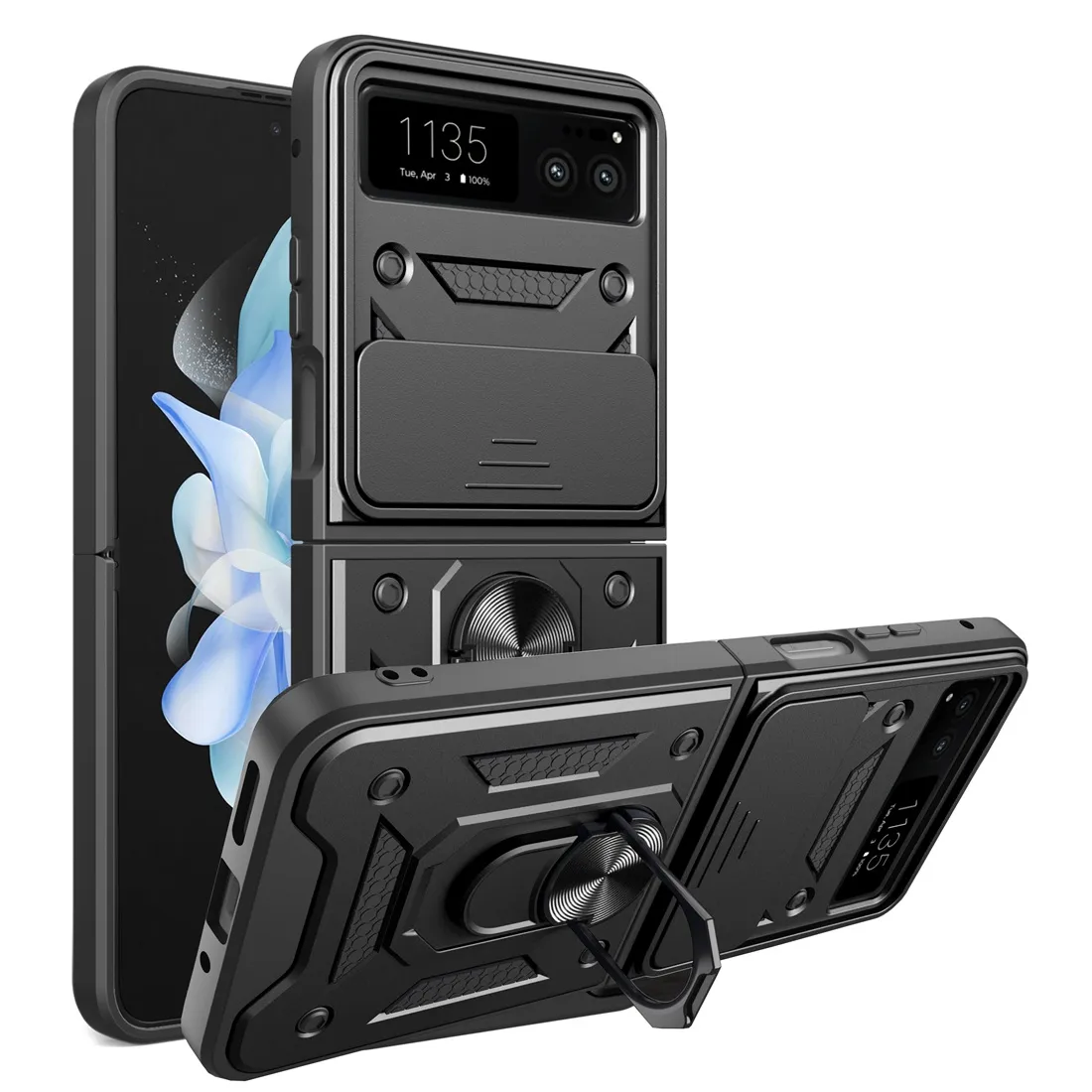 Capa Armor Dual Layer Suporte de anel de metal giratório de 360 graus Kickstand Capa à prova de choque para Motorola Moto Razr 40 2023 com protetor de câmera com lente deslizante