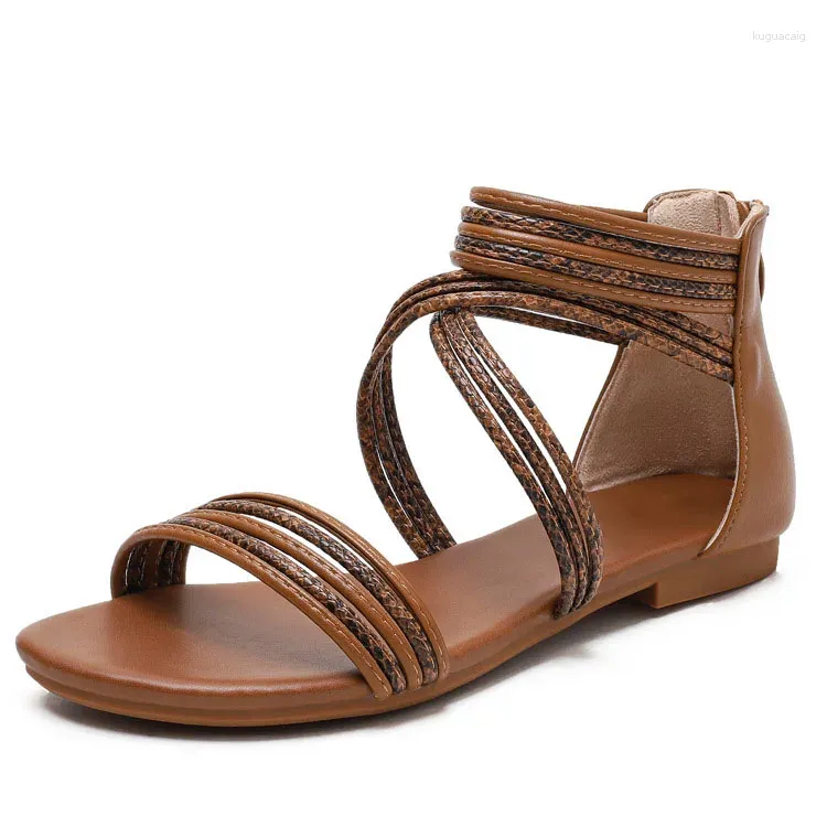 Sandales pour femmes, lacets romains féeriques assortis avec tout, chaussures de plage plates bohème
