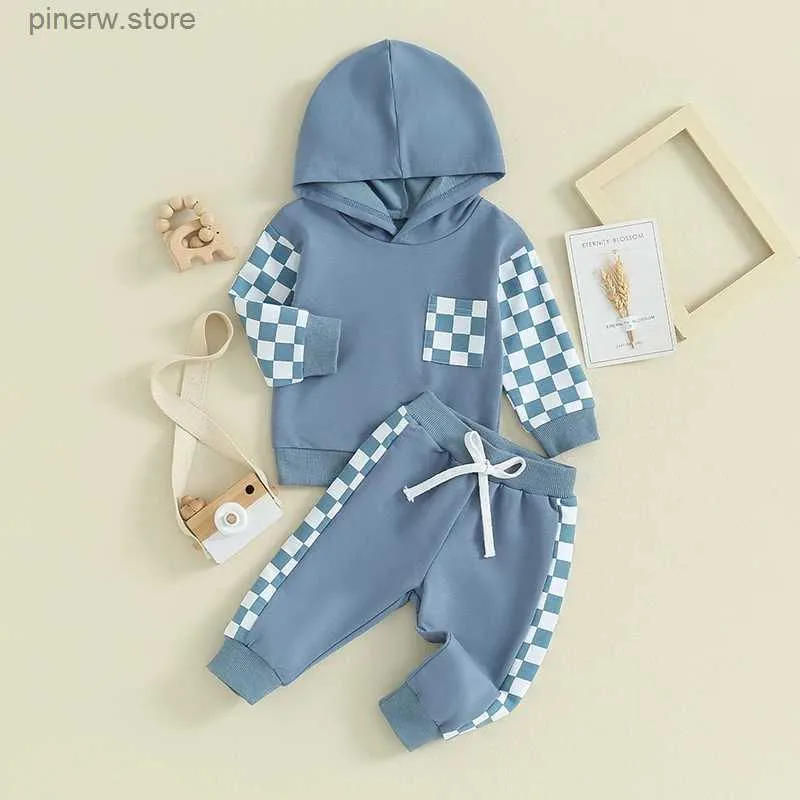 Conjuntos de roupas xadrez bebê menino roupas para crianças roupas de manga longa xadrez impressão manga longa calças com capuz para criança roupas infantis