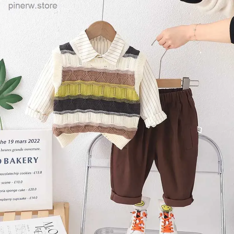 Clothing Sets 3PCS Baby Boy Set 2024 Spring Korean Hollow Out Knitted Sweater Vest + Shirts + Pants Children Clothes Boys Valentines Outfit