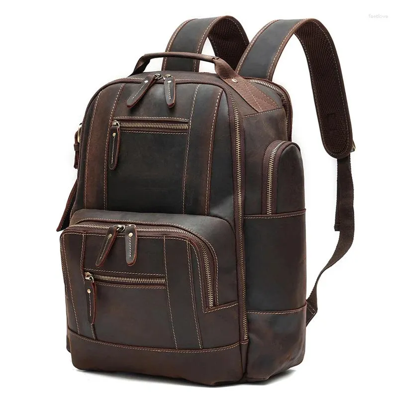 Sırt çantası yüksek kaliteli büyük büyük vintage kahverengi orijinal çılgın at deri A4 15.6 '' Dizüstü bilgisayar kadın erkekler cowhide seyahat çantası m6597