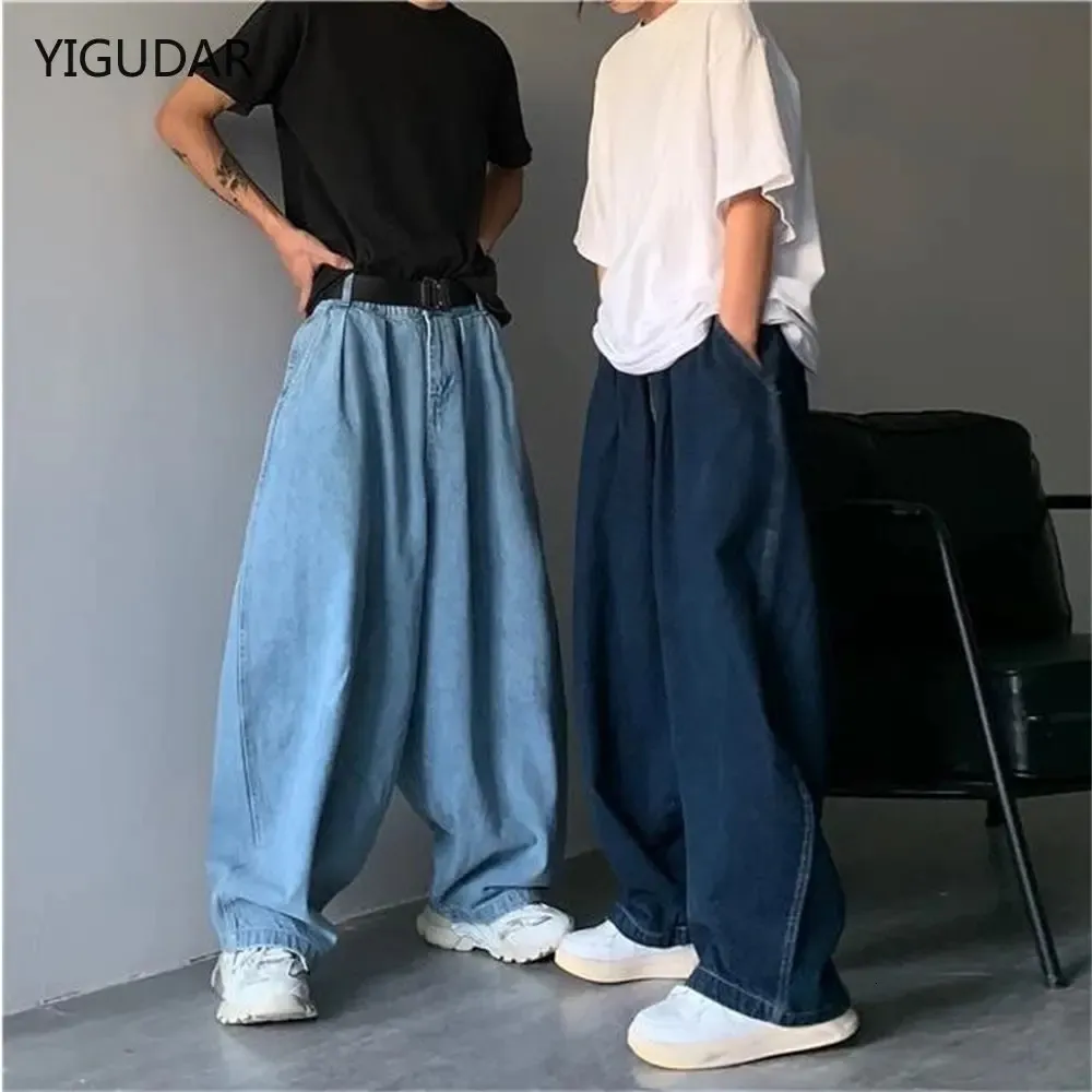 Szerokie nogi spodni streetwear w lupgy dżinsy wiosna jesień mężczyzn Koreańska moda luźna prosta męska marka odzież czarna 240122