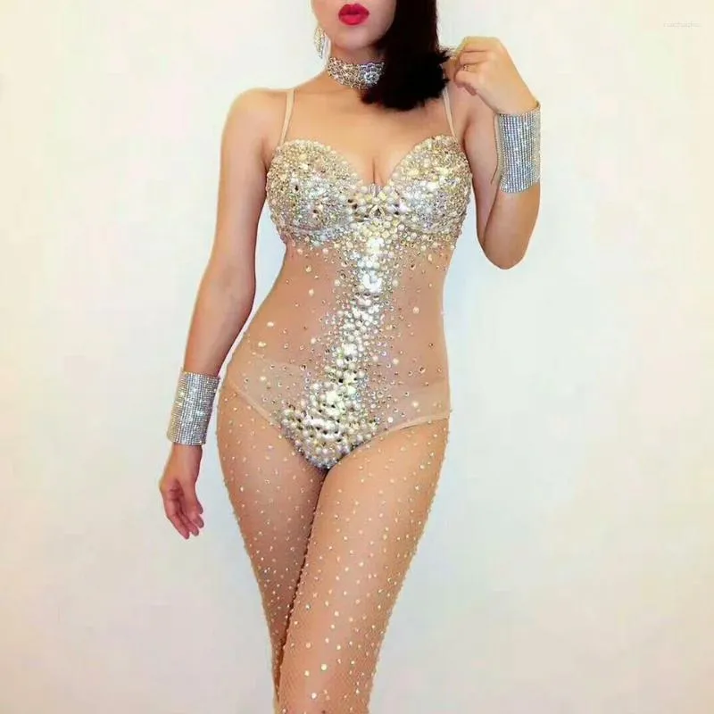 Palco desgaste sexy transparente strass bodysuit mulheres cantor desempenho traje aniversário poshoot luxuoso pérolas vestido