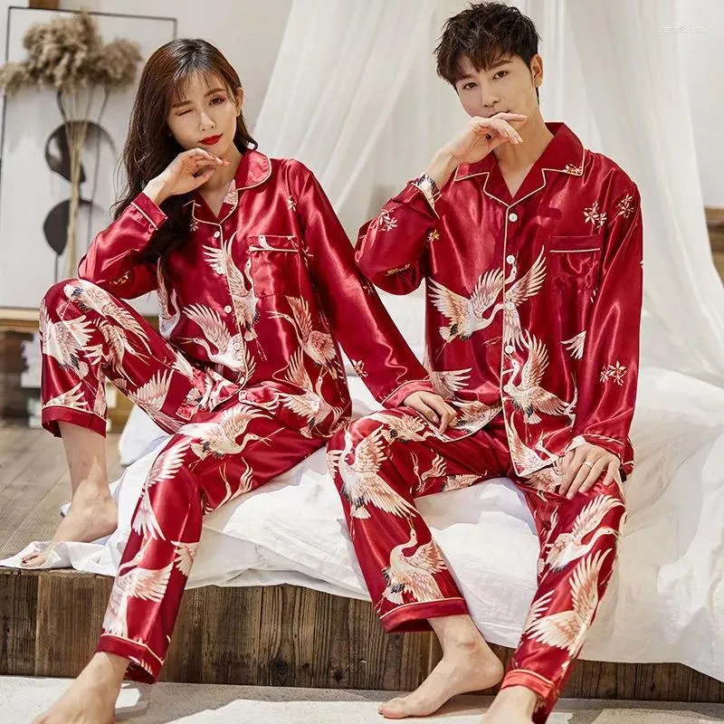 Women's Sleepwear OVERSIZE Couples Print Pajamas Suit Shirt&Pants Silky 2PCS Sleep Set Kimono Bathrobe Gown Casual Bridal Wedding Gift