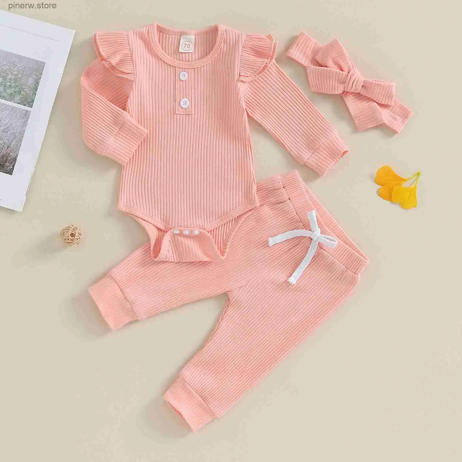 Clothing Sets Newborn Baby Girls Clothing Fall Spring Infant Outfits Soft Cotton Solid Ribbed Long Sleeve Romper Pants Headband 3Pcs Kids Set