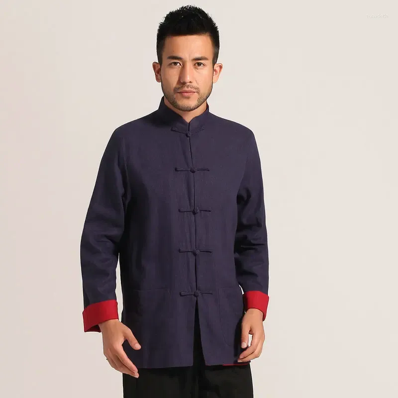 Vestes pour hommes Hommes Lin Tunique Manteau des deux côtés Portant Design Rouge Noir Beige Col Mandarin Tangzhuang Tenue Hanfu Kungfu Chinois