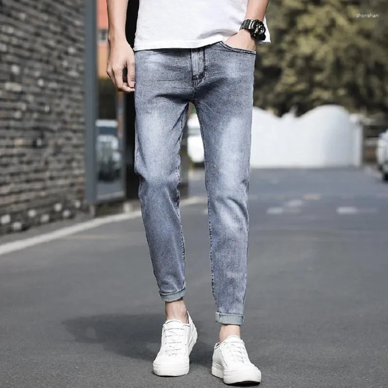 Men's Jeans 9-point Denim Pants Light Color Korean Version Trendy Summer Thin Style Slim Fit Small Feet
