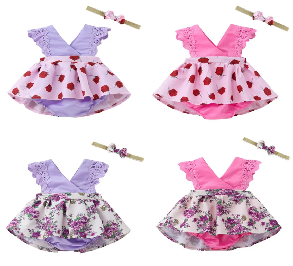 Girls Floral Rompers Dress Baby Clothing Sets Kids Lace Flower Romper Headband Bowknot 2pcsset Printed Romper Kids Summer Outfit2724877