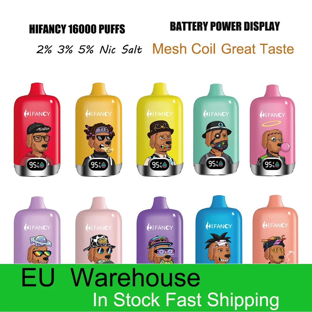 EU Local Warehouse Electronic Cigarette Hifancy disposable vape puff 16000 vapes pen Mesh Coil 650mah rechargeable with display screen Puff 15k puff16k device bar