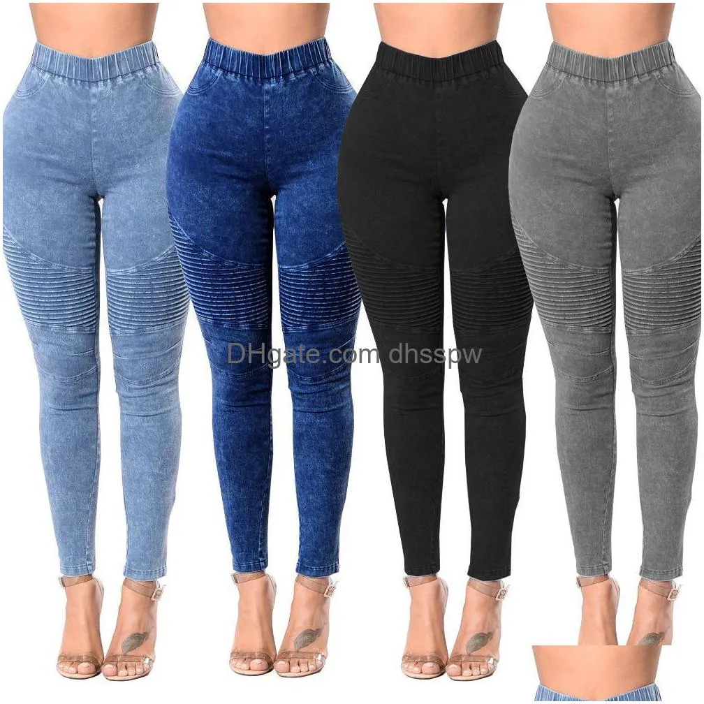 Jeans Femmes Femmes Slim Skinny Solid Denim Pantalon Taille Haute Plissée Créateur De Mode Sexy Hip Hop Clubwear 2XL Drop Livraison Appare Dhe5X