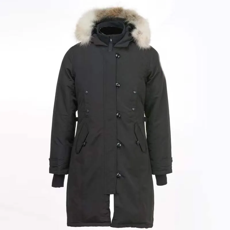 Piumino lungo da donna invernale canadese in vera pelliccia di coyote Kensington Parka in piumino d'oca caldo classico con cappuccio