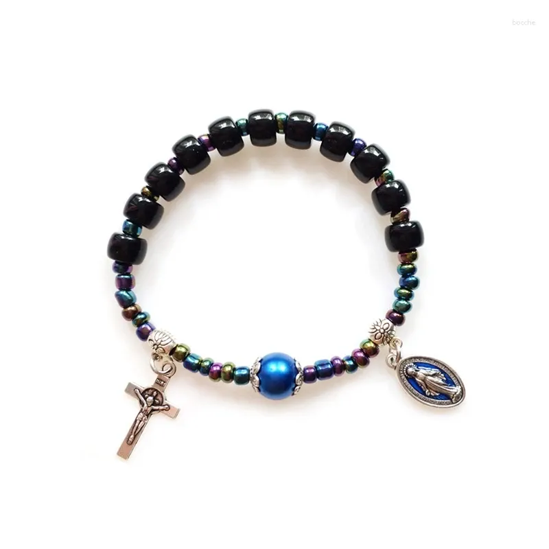 Strand Cross Elastic Armband för män Kvinnor Svart glaspärlor Religiösa smycken