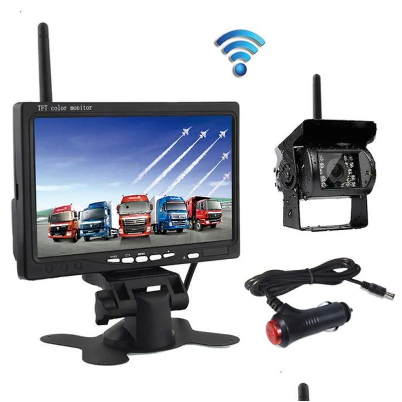 Auto achteruitrijcamera's Parkeersensoren Draadloos 7 inch Hd Tft LCD Voertuigmonitor Achteruitrijcamerasysteem met oplader voor vrachtwagen Rv Tra Dhvdj