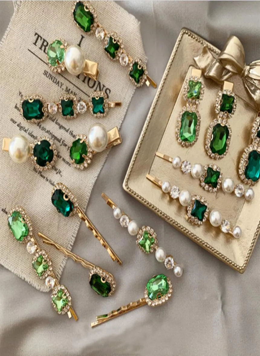 12 Styles Korea Vintage Emerald Hair Pins Geometrical Rhinestones Hårklämma för kvinnor flickor hårtillbehör barrette GJJ1728841484