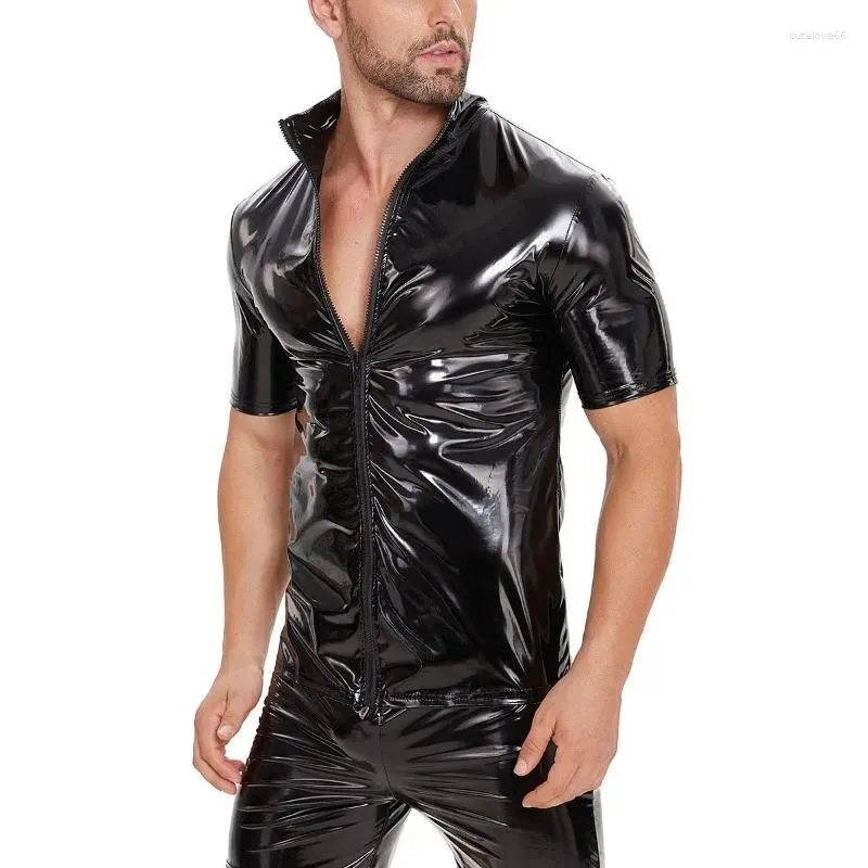 Magliette da uomo maschile pvc in pelle cappotto bagnato clubwear shiny club club costume maschio streetwear estate giacca top