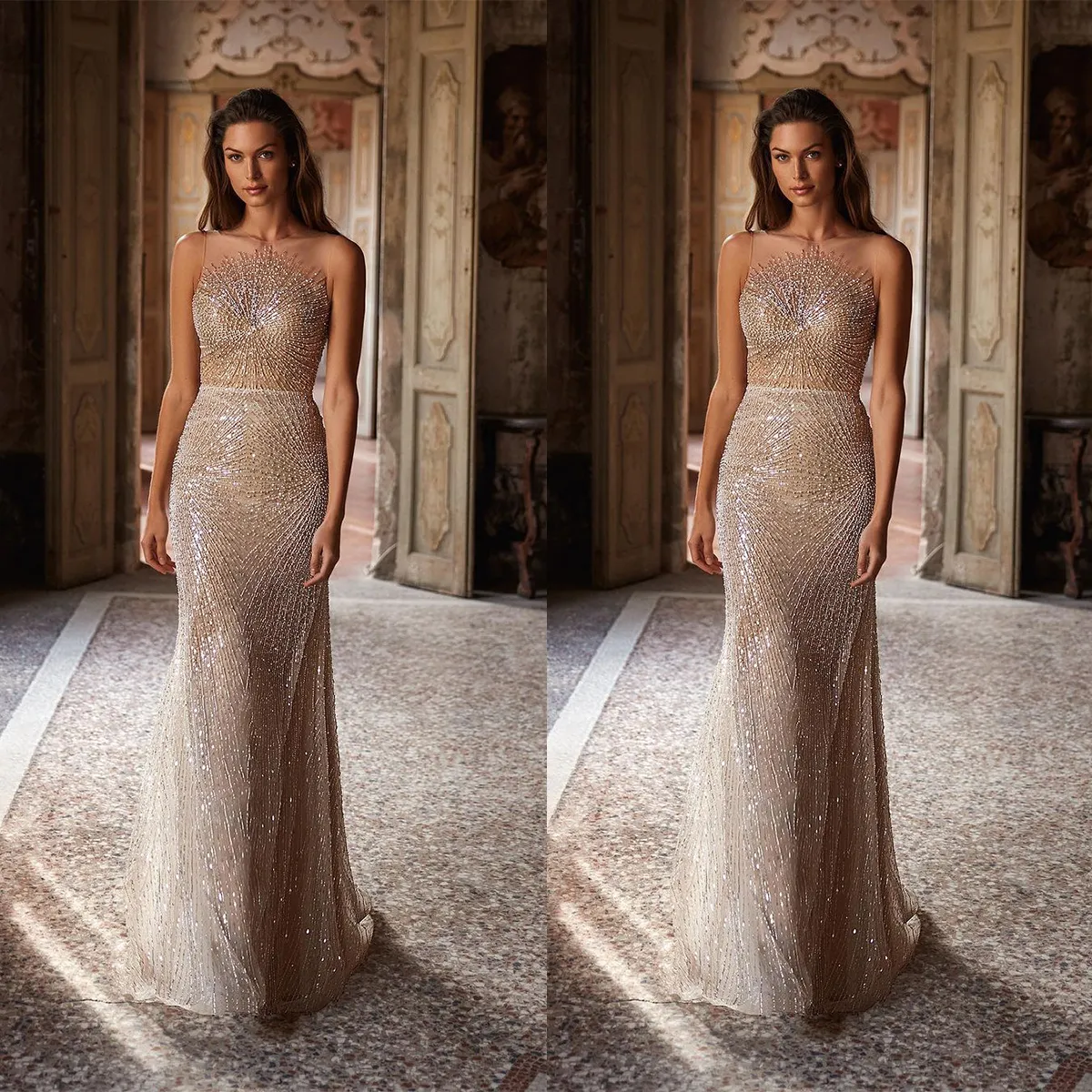 Gold Sequin Evening Dress Sheer Neck Sleeveless Prom Gown with Sweep Train  and Zipper Back from Dhgate Evening Dresses - price 142.24