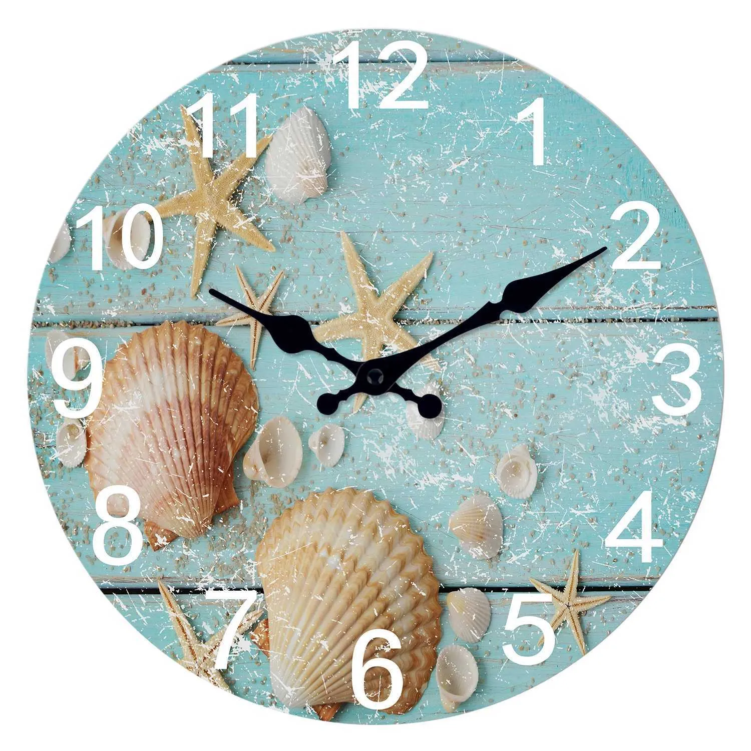 Wall Clocks Beach Sea Starfish Shells Blue Wall Clocks Non Ticking for Girl Boy Bedroom Bathroom Kitchen Living Room Office Round Clock