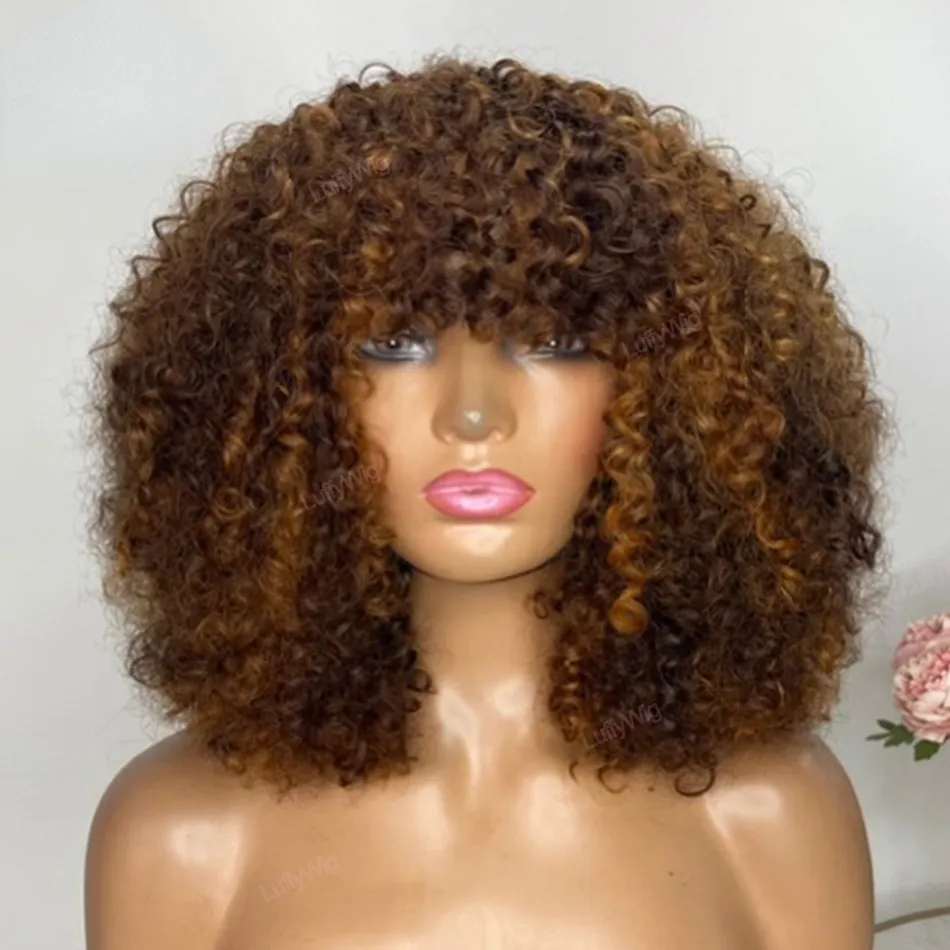 Peruanische weiche Haare, Highlights, honigblonde Afro-Perücke, verworrene Locken, kurze Jerry-Locken-Echthaar-Perücken mit Pony, keine synthetischen Lace-Front-Perücken, farbige Perücken für Frauen