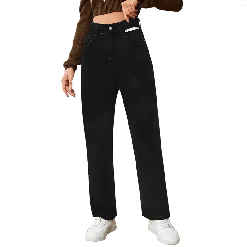 女子ジーンズドレープストレートレッグレディースヒップリフティングカジュアルボタンハイライズスリムデニムパンツソイルド快適な女性のズボン