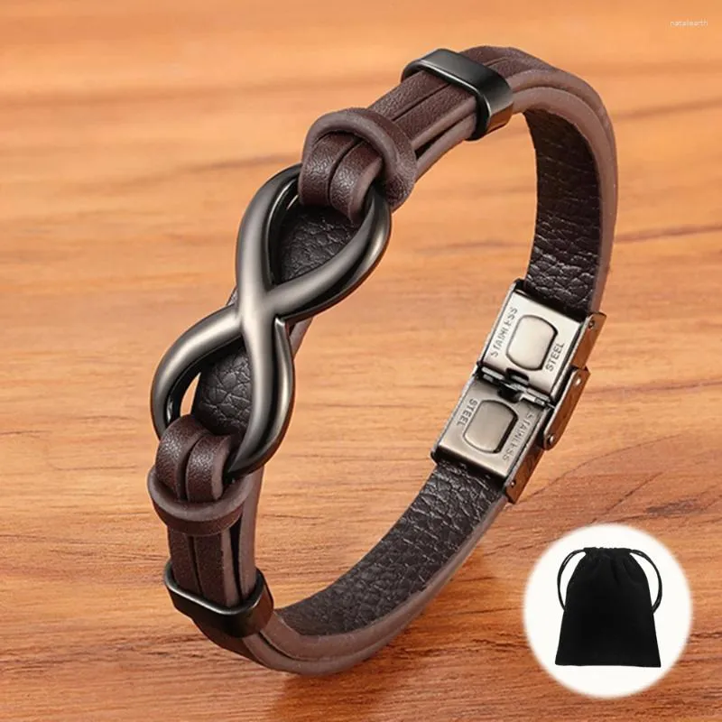 Charm Bracelets XQNI Pattern Stainless Steel Black Brown Leather Bracelet Men's Bangle DIY Size Valentine's Day Handsome Gift Velvet Bag