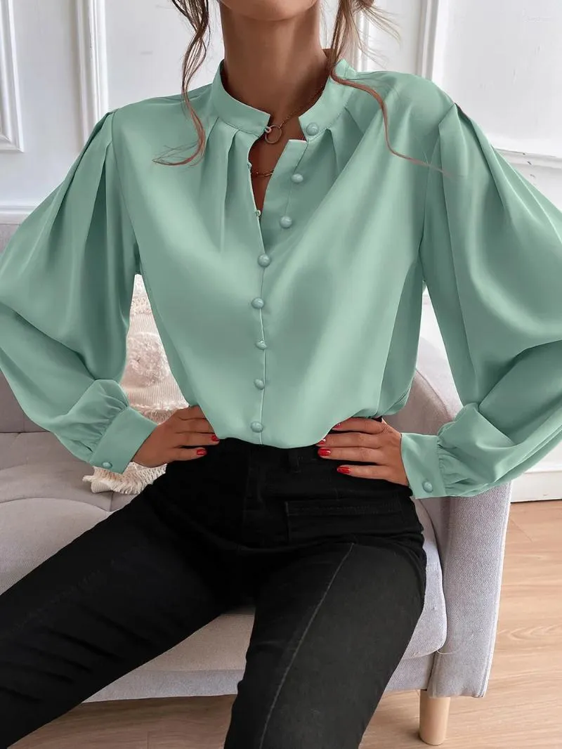 Chemisier Femme 2024 automne élégant solide col montant à manches longues simple boutonnage ample Blouse hauts Femme Blusas