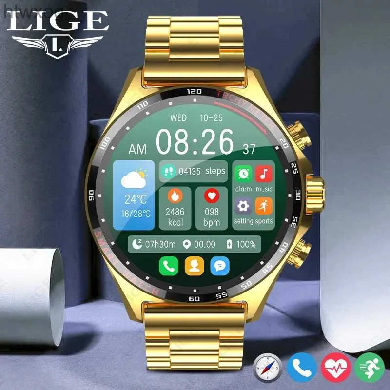 Smart klockor Lige Gold Smart Watch Men Smartwatch Bluetooth Ring digitala klockor för och Android Samsung Phone YQ240125