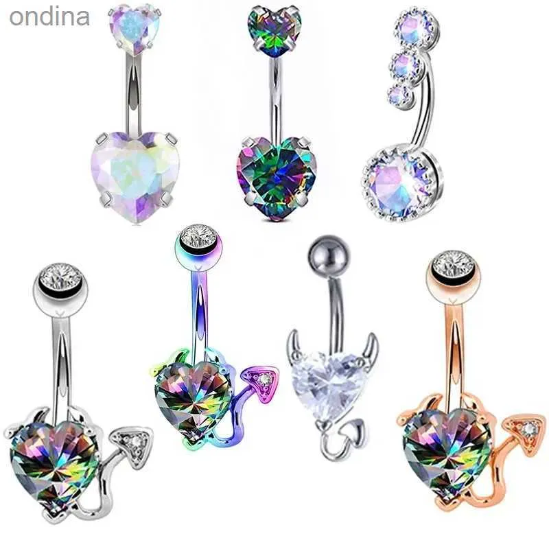 Navel Bell Button Rings 1 Pcs Body Punk Devil Heart Belly Button Rings 14G Heart Surgical Steel Navel Barbells Iridescent CZ Body Piercing YQ240125