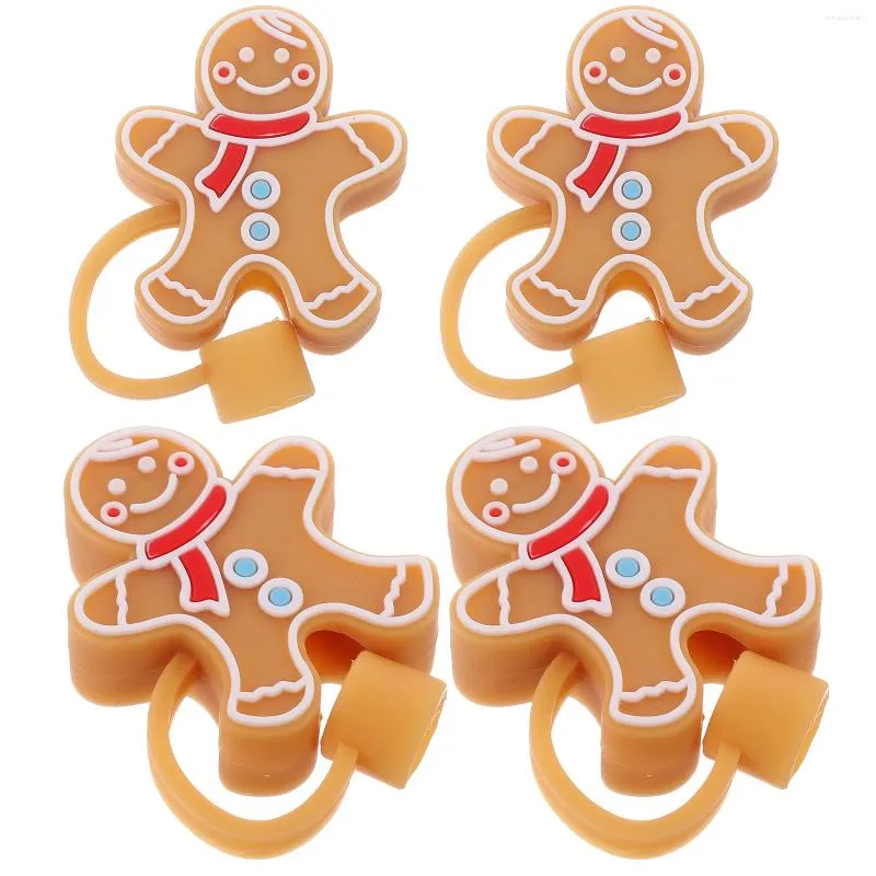 Disposable Cups Straws Christmas Straw Cover Gingerbread Man Tips Silicone Drinking Caps Xmas Protectors Plugs Sleeves Milk Tea