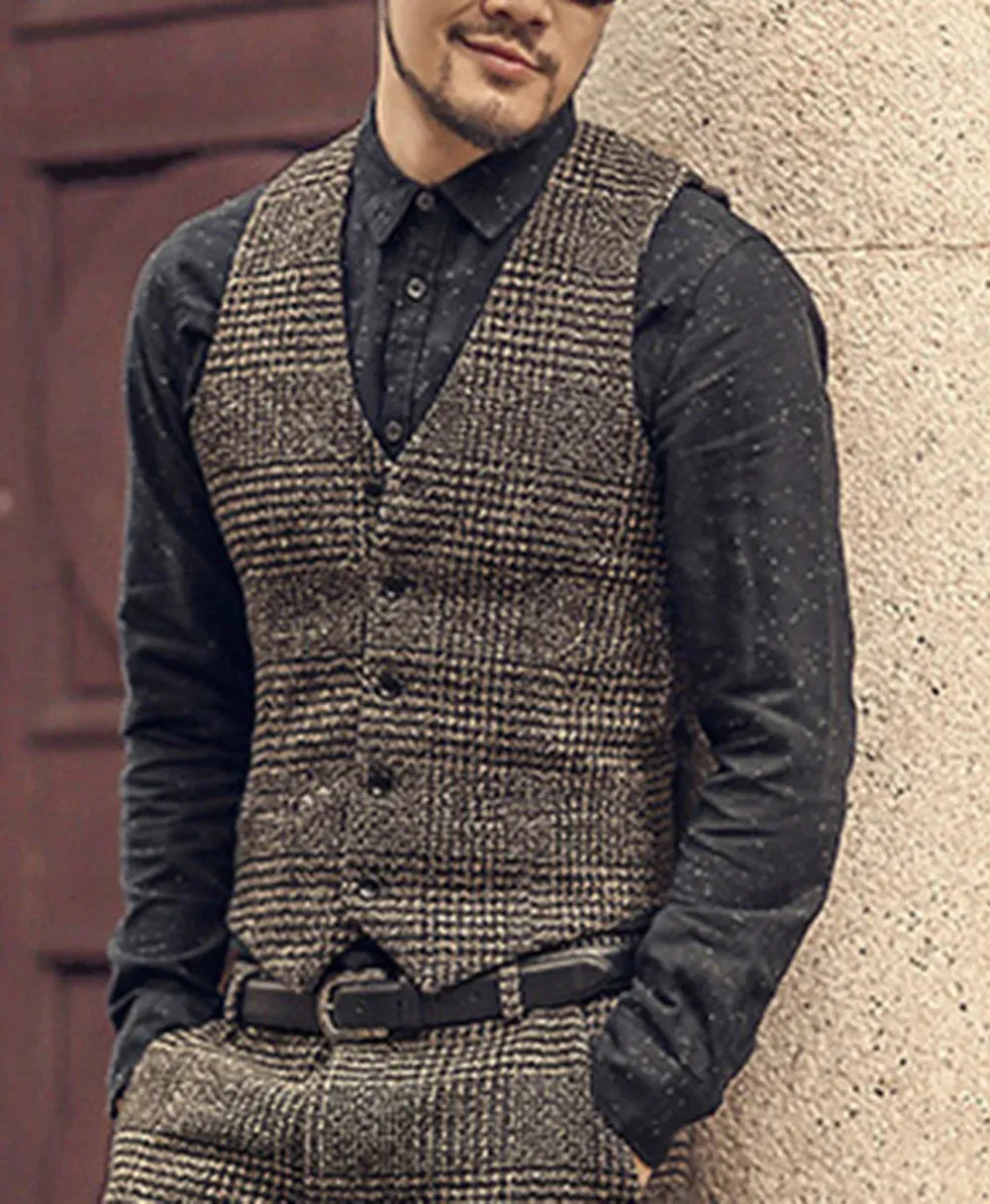 Mens Suit Vest Slim Fit V Neck Houndstooth Brown Grey SingleBreasted Waistcoat Casual Formal Business Groomman For Wedding 240119