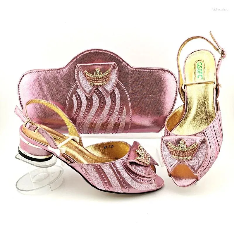 Dress Shoes Italian Design Summer African Party Wedding Mid Heels Ladies And Bag Set Wish Rhinestone Decoration In Pink Color