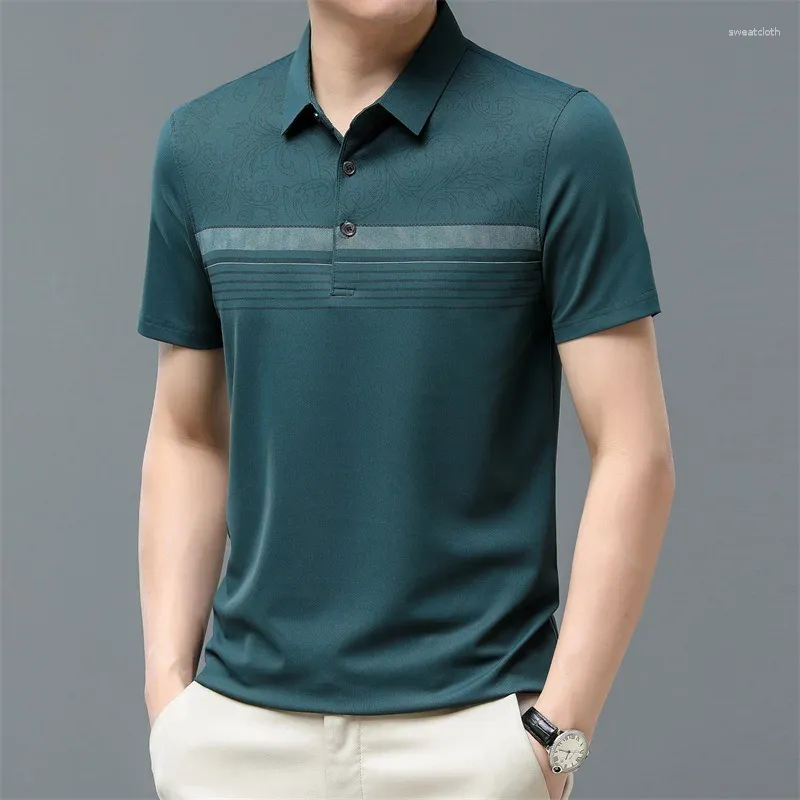 Polos pour hommes Polo T-shirt d'été rayé en soie glacée à manches courtes pull commercial décontracté bouton imprimé mode surdimensionné hauts