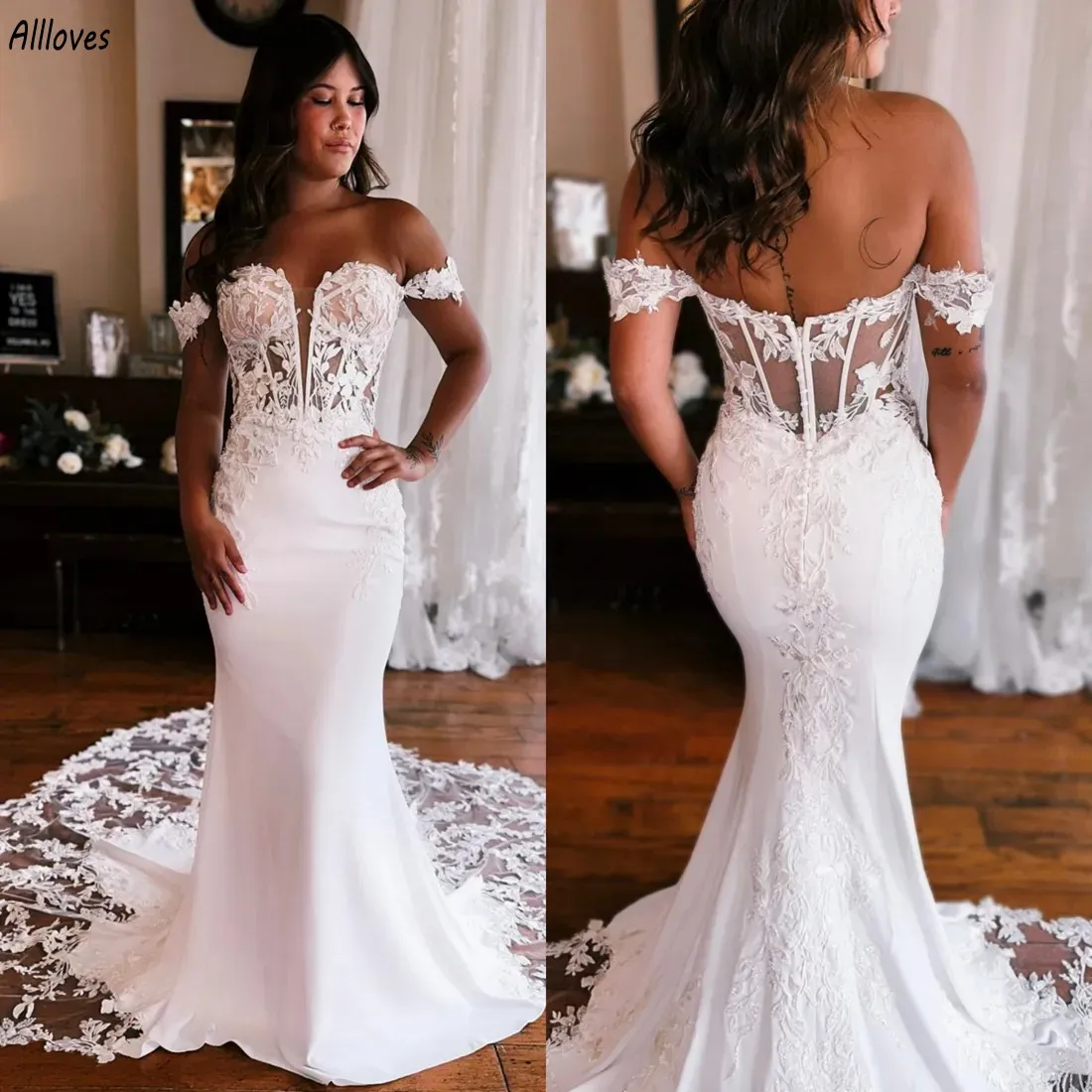 Nowoczesne białe kwiatowe koronkowe sukienki ślubne syreny seksowne z ramion Sheer Back Bridal Surs Court Train Elegancka Plus Size Vestidos de novia cl3246