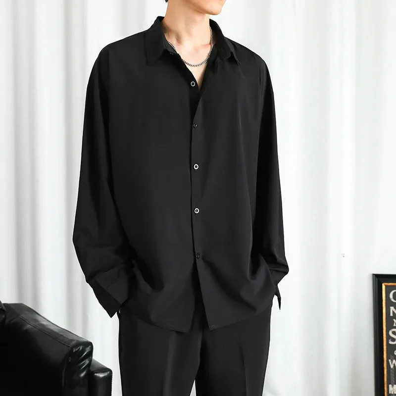 Katı gömlek erkek siyah uzun kollu gömlekler kore rahat bluzlar rahat gevşek klasik tek göğüslü 240125