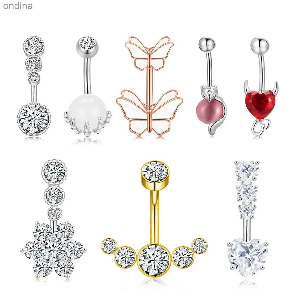 Navel Bell Button Rings 1 Piece Gold Color Stainless Steel Heart Opal Demon CZ Crystal Navel Belly Button Rings Butterfly Piercings 14G YQ240125