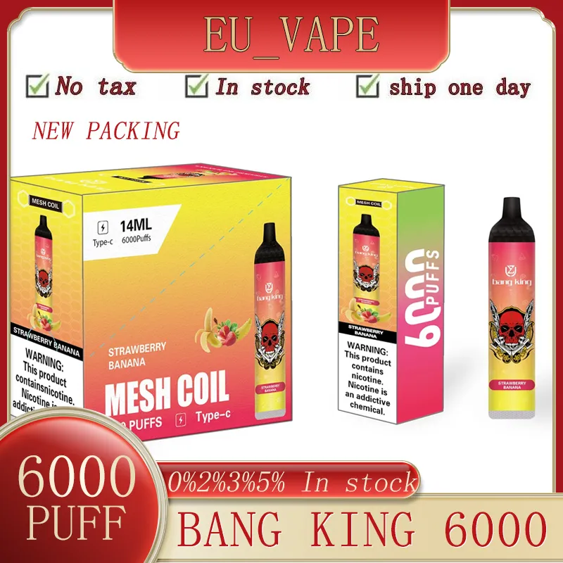 Original UZY Bang King 6000 Puff Einweg-E-Zigaretten-Vape-Stift, 0,8 Ohm Mesh-Spule, 14 ml Pod-Batterie, wiederaufladbar, Puff 6K, 0 % 2 % 3 % 5 % Puff 6000 Bang Mesh Coil 6000 Puff