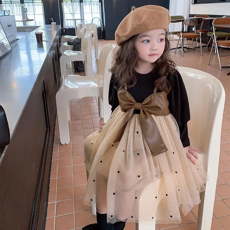 Girl Dresses Autumn Winter Sweet Fashion Patchwork Girls Princess Dress Korean Casual All Match Party Bowknot Kids