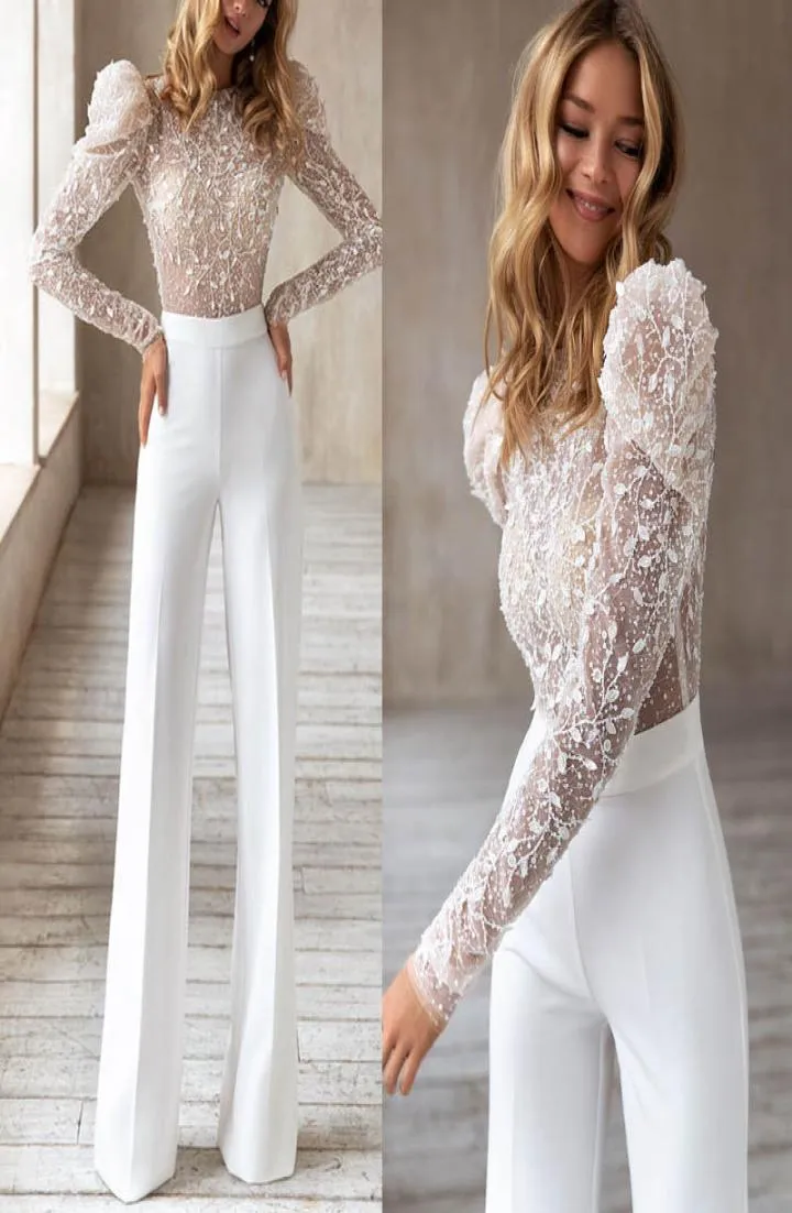 Elegante witte jumpsuit trouwjurk op maat gemaakte kant lange mouwen bruidsjurk eenvoudige vintage jurken vestido de novia4752497