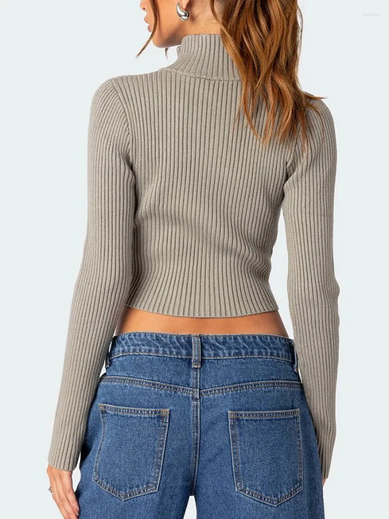 Women's Knits Women Slim Fit Knit Cropped Tops Long Sleeve Zip-Up Pullovers Sweater Spring Fall Streetwear