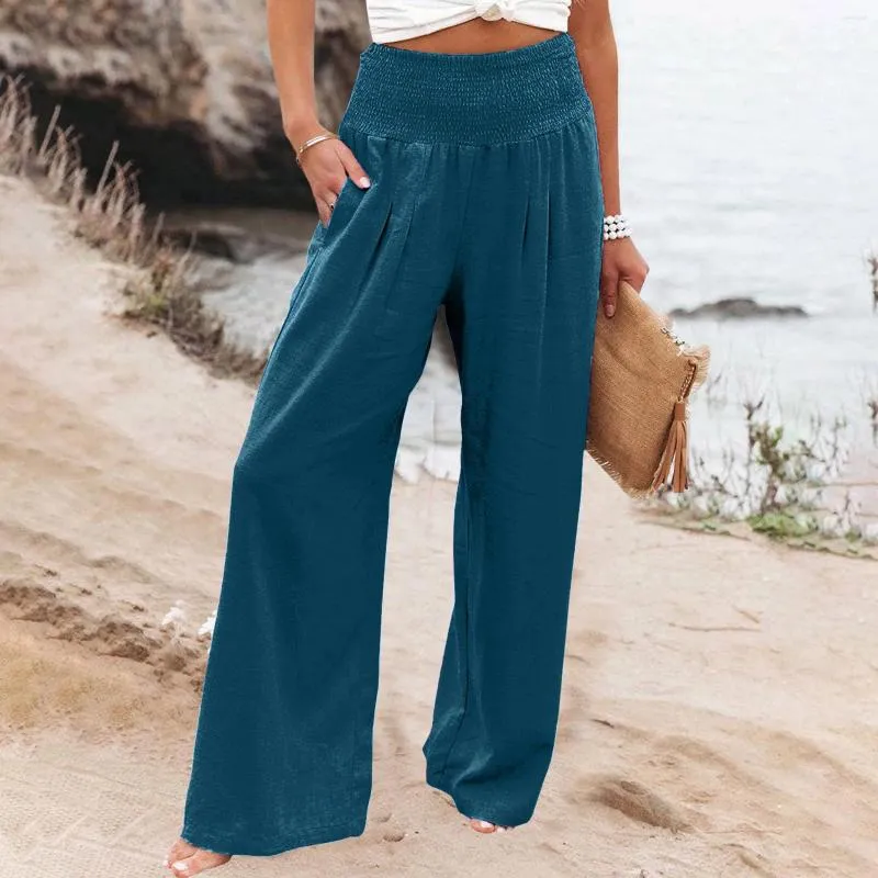 Calças femininas linho para mulheres cintura alta perna larga solta ajuste palazzo casual praia na moda calças com bolsos