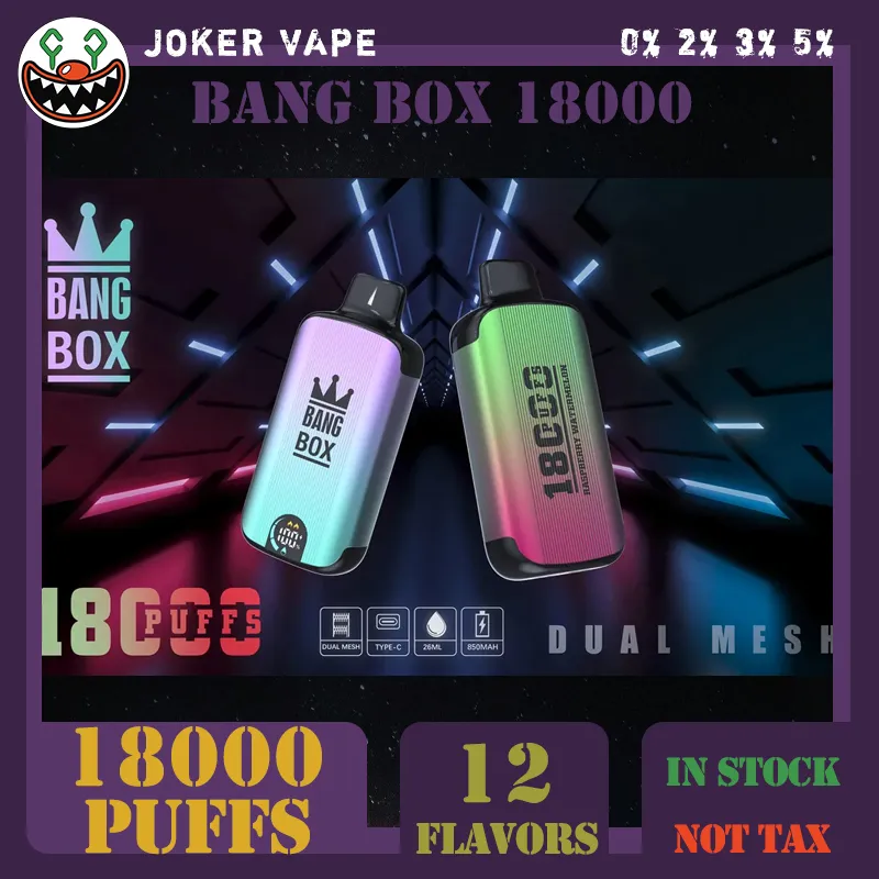 Оригинальные электронные сигареты Bang box 18000 Puff Vape, одноразовые электронные сигареты Puff 18k, 26 мл, предварительно заполненные капсулы с сетчатой катушкой, 850 мАч, аккумуляторная батарея 0% 2% 3% 5% Ручка 12 вкусов на складе