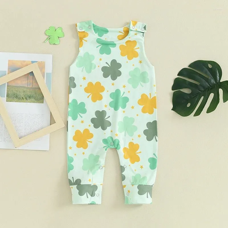 Trousers BeQeuewll Baby Girls Irish Day Jumpsuit For Summer Infant Sleeveless O Neck Clover Print Casual Romper 0-24 Months